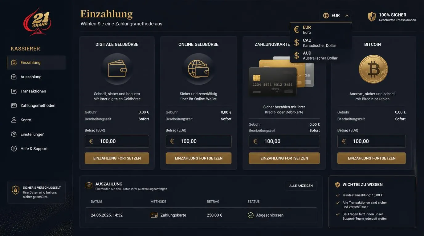 Digitale Casino-Kasse mit E-Wallets, Zahlungskarten und Bitcoin sowie Auszahlungsübersicht