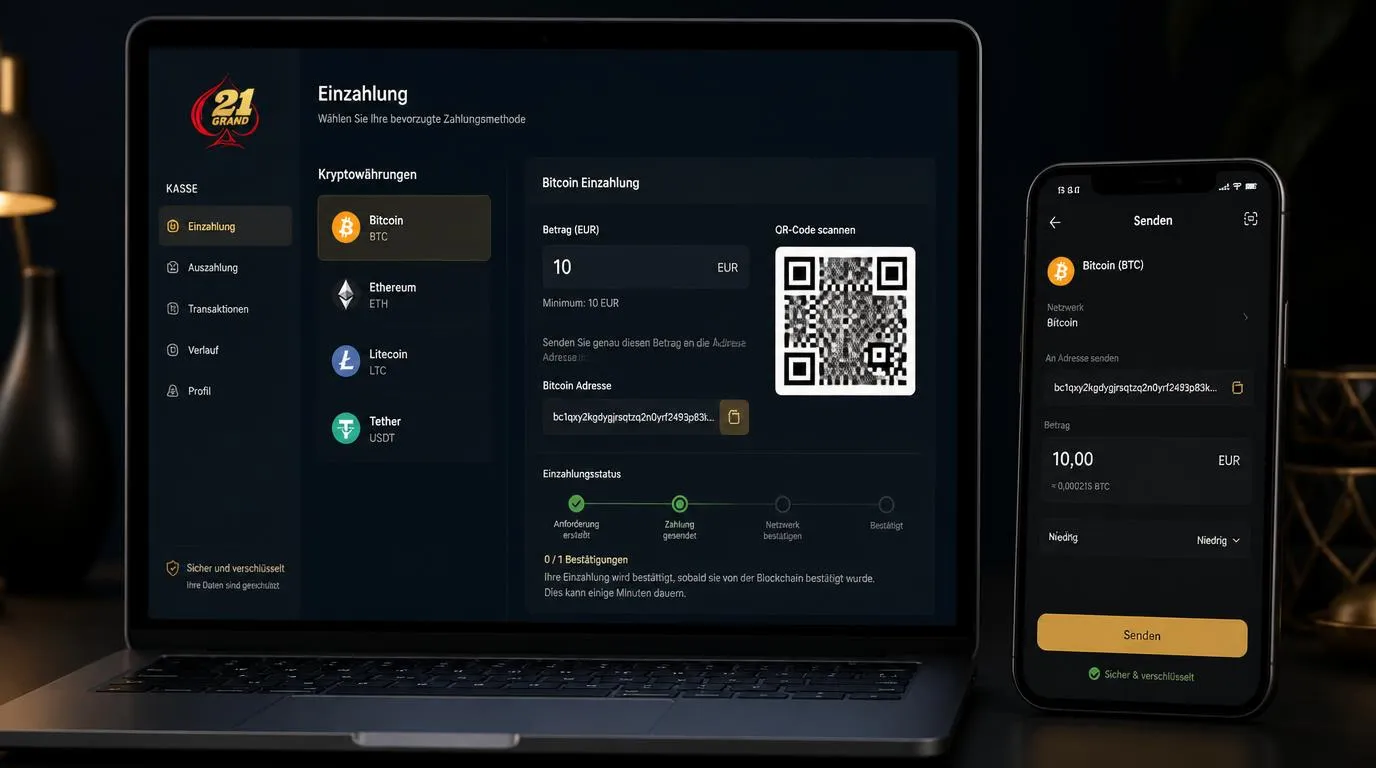Bitcoin-Zahlung im Casino-Kassenbereich mit QR-Code, BTC-Adresse und Euro-Betrag