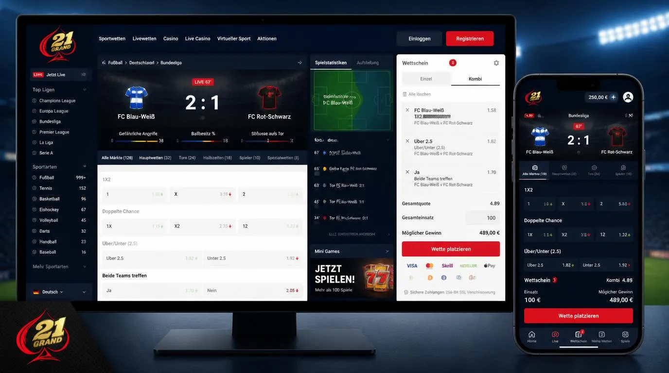 Sportwettenoberfläche mit Live-Quoten, Wettschein und Auswahl für Fußballmärkte