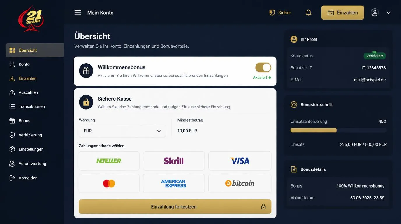 Casino-Kasse mit Bonusauswahl, Einzahlung und Anzeige des Umsatzfortschritts im Spielerkonto