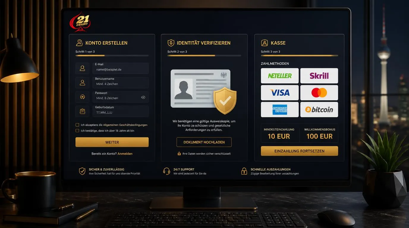 Casino-Registrierung mit Kasse, Zahlungsoptionen und Hinweis zur Identitätsprüfung