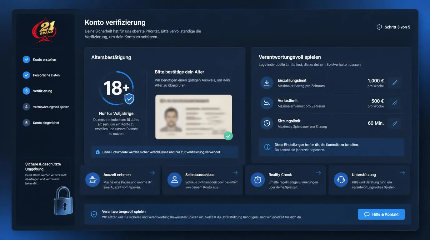 Alters- und Identitätsprüfung auf einem Casino-Konto mit Sicherheitslimits und geschütztem Zugang