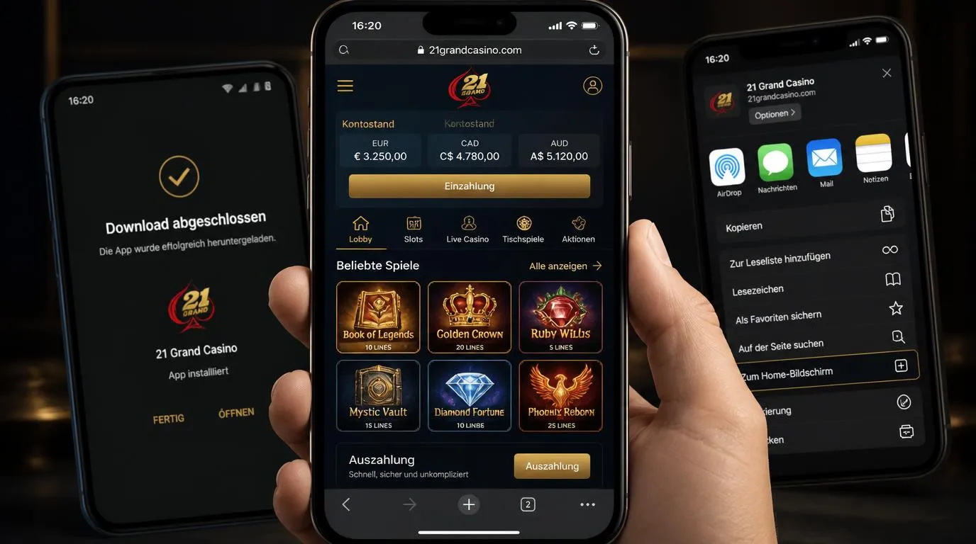 Smartphone mit geöffneter Casino-Website und Home-Bildschirm-Verknüpfung