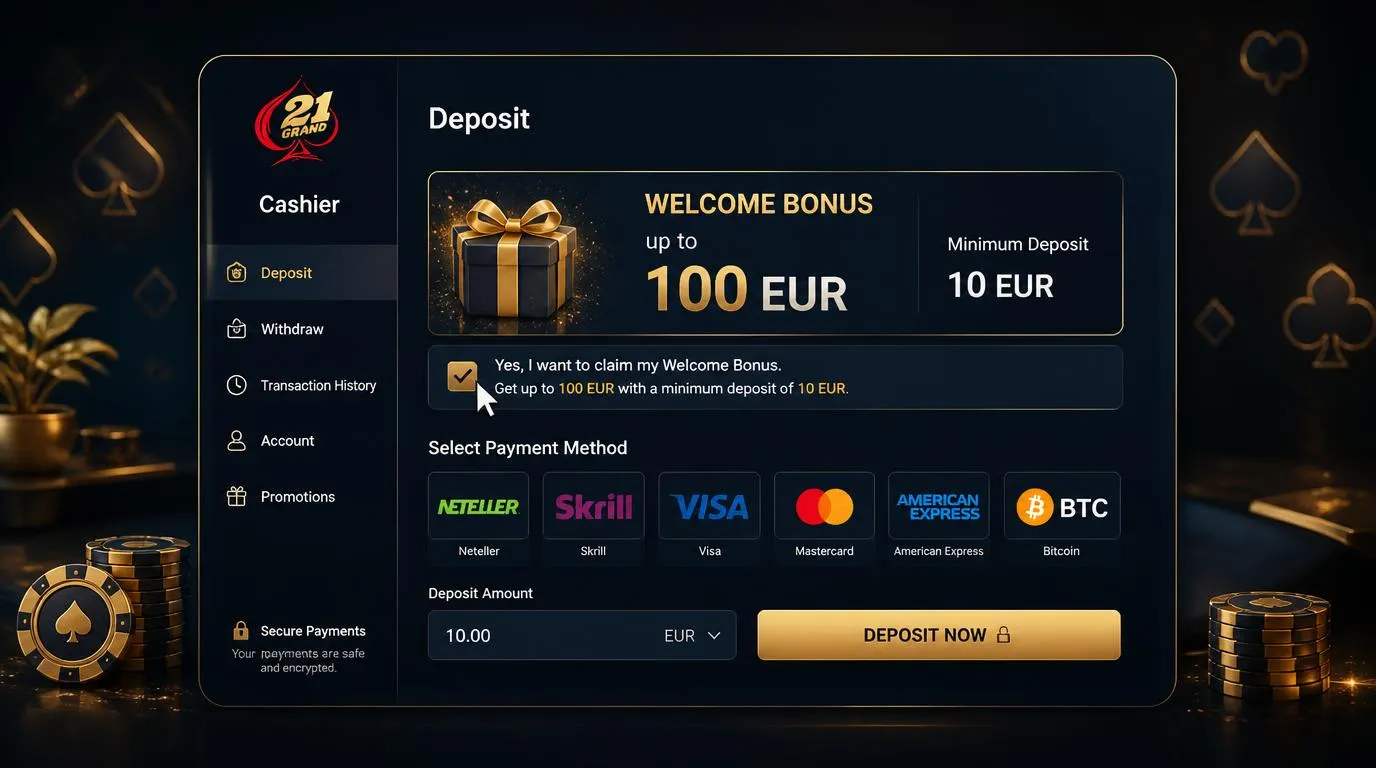 Casino-Kasse mit Auswahl von E-Wallets, Kreditkarten und Bitcoin zur Bonusaktivierung