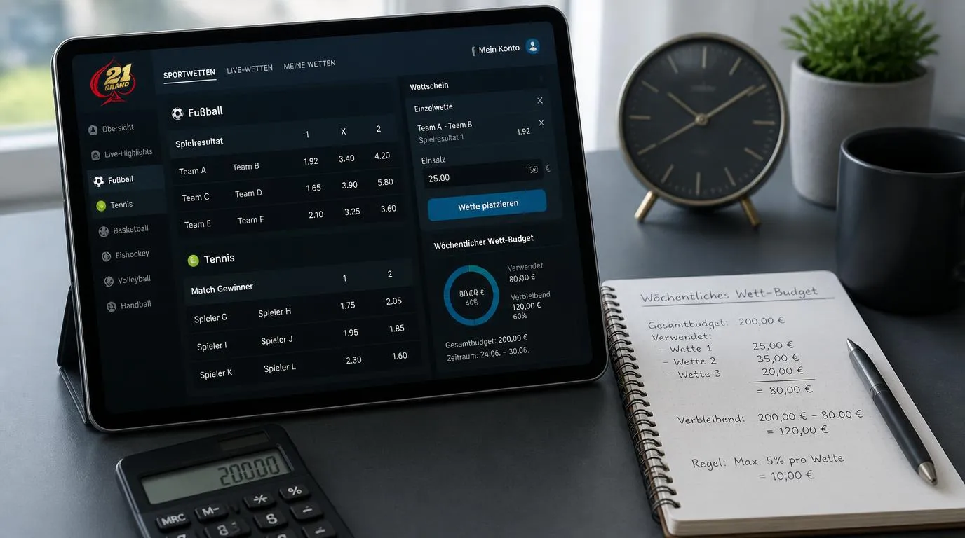 Sportwetten-Budget mit Einsatzplan, Quotenübersicht und klaren Wettlimits auf einem Tablet