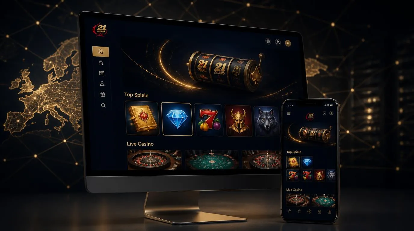 Modernes Casino-Interface auf Smartphone und Desktop mit hochwertigen Spielkacheln