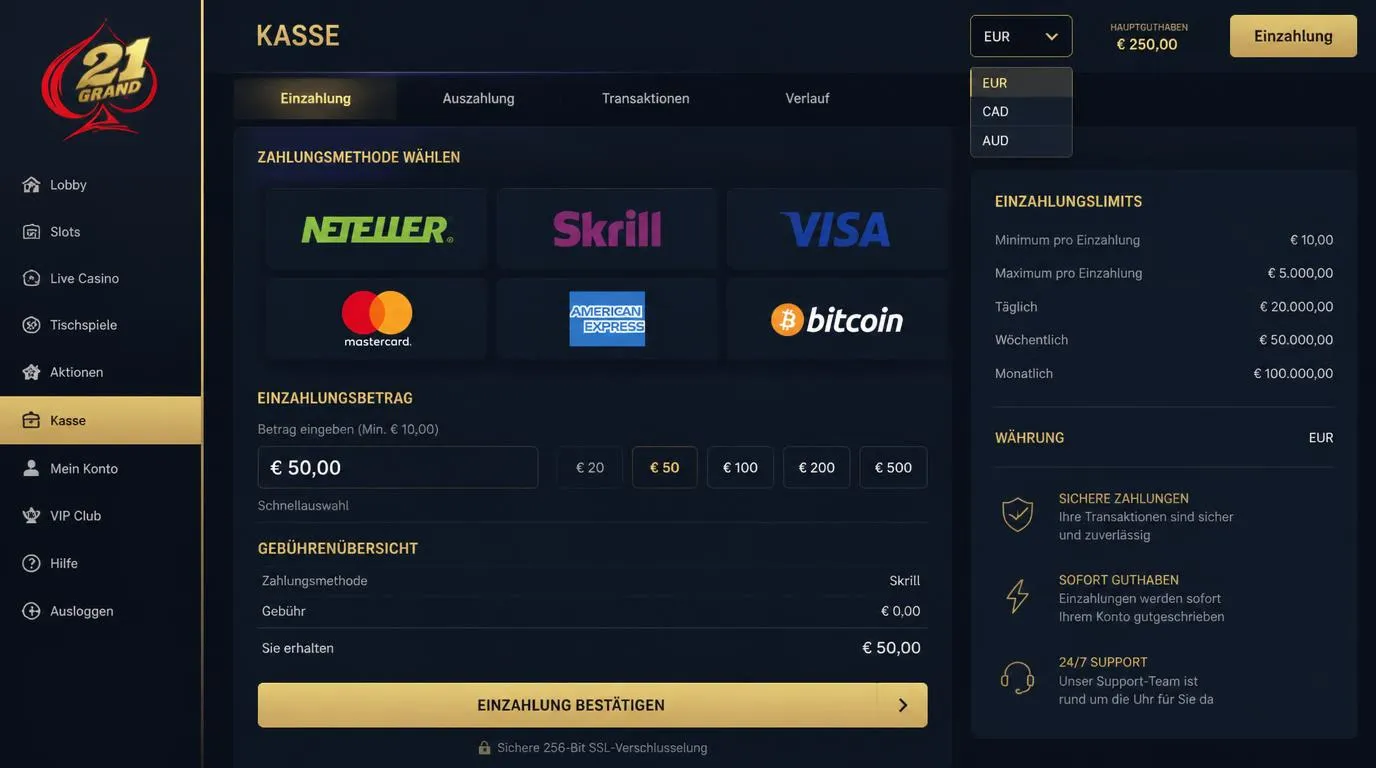 Kassenbereich eines Online-Casinos mit Zahlungsarten, Mindestbetrag und ausgewählter Kontowährung