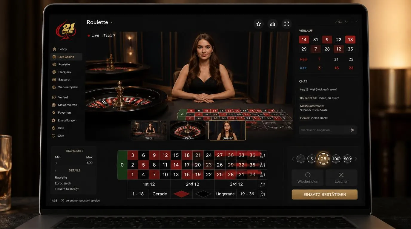 Live-Casino-Oberfläche mit Dealer am Roulette-Tisch, Chatfenster, Einsatzhistorie und Kameraansichten