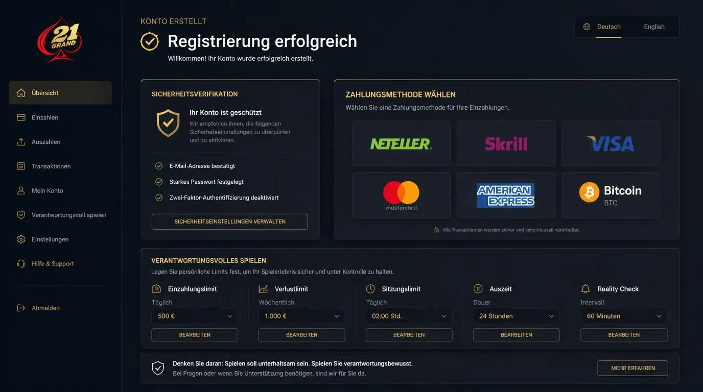 Registrierungsbereich eines Online-Casinos mit Zahlungsoptionen, Sicherheitscheck und Limit-Einstellungen