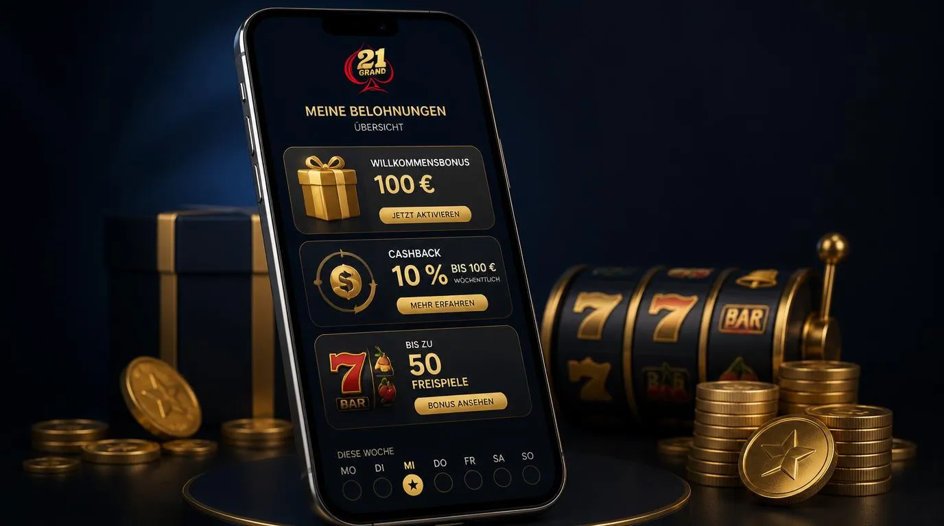 Casino-Bonusübersicht mit Willkommensbonus, wöchentlichem Cashback und Freispielen auf einem Smartphone