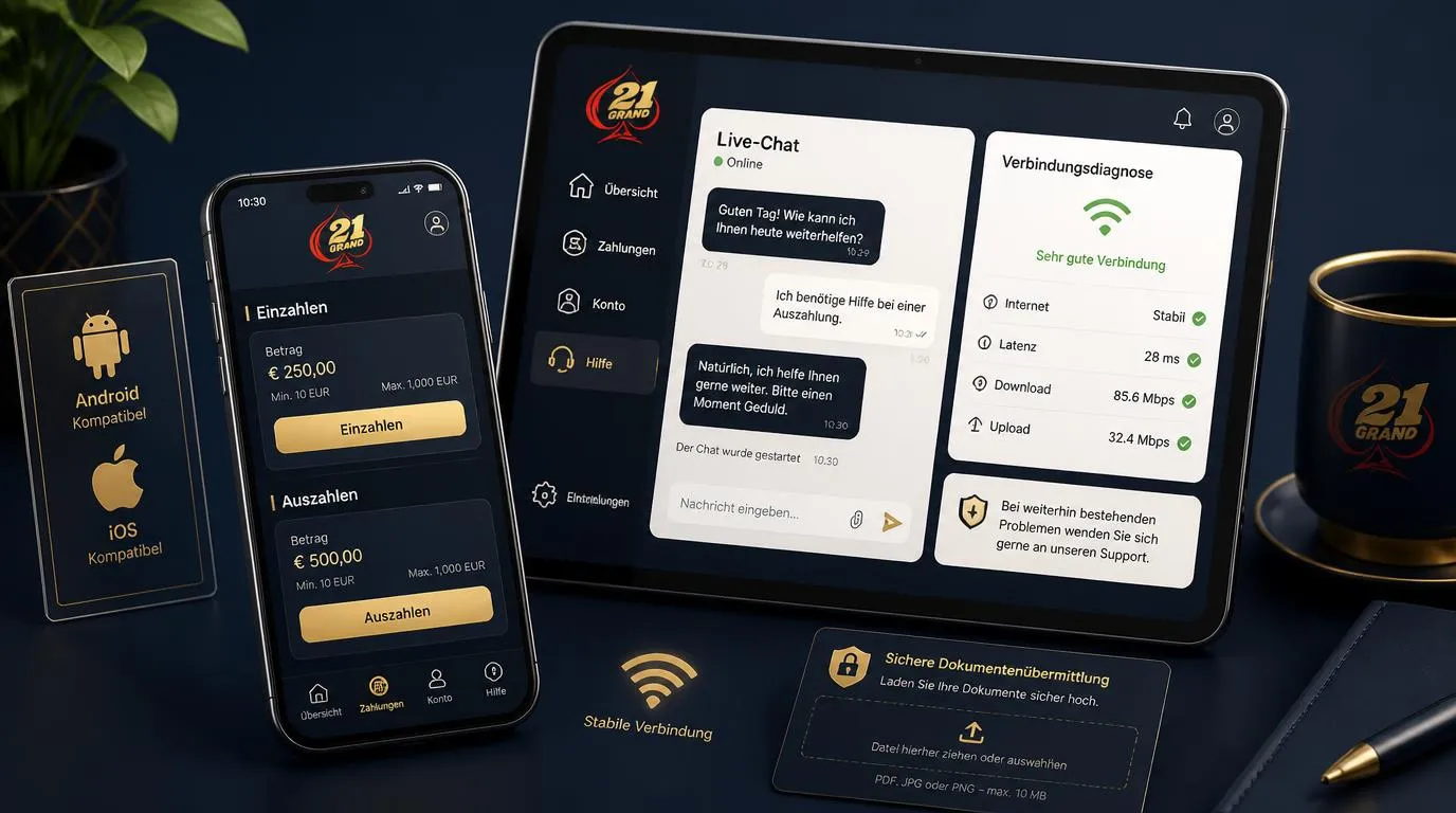 Smartphone mit Casino-Kasse, Live-Chat und Hinweis zu mobiler Verbindung